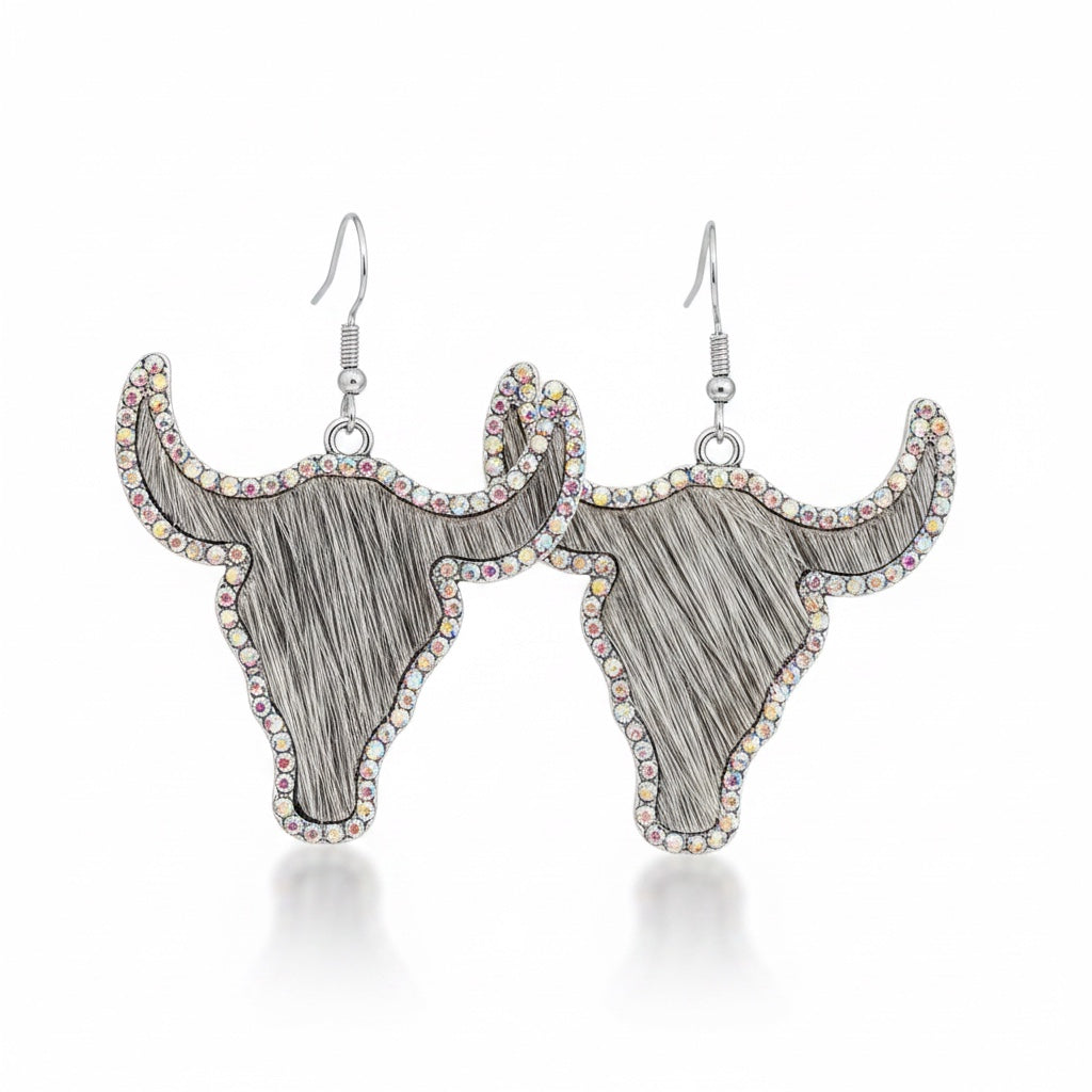 Western Style Cowboy Rhinestone Cowhide Cowhead Earrings -WJ: 3