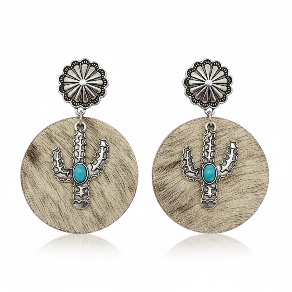 Western Style Cactus Animal Skin Double Charm Earrings - WJ: 6