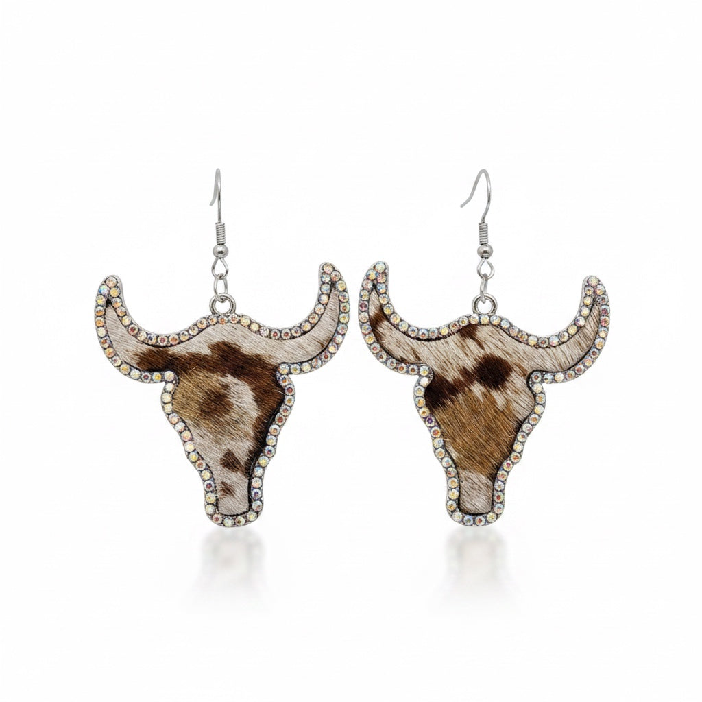 Western Style Cowboy Rhinestone Cowhide Cowhead Earrings -WJ: 1