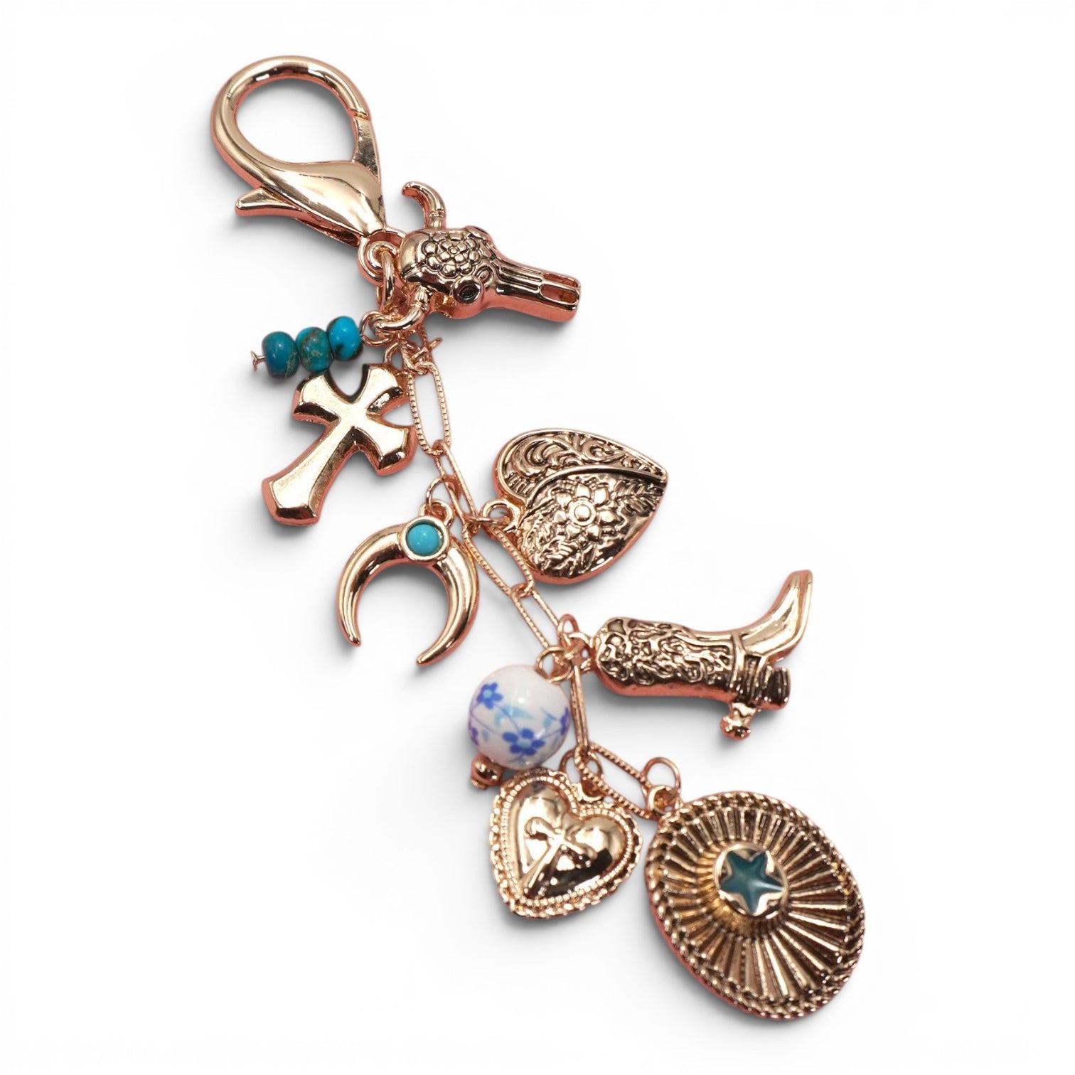 WESTERN CROSS HAT BOOT HEART BAG CHARM | 80K048: Gold