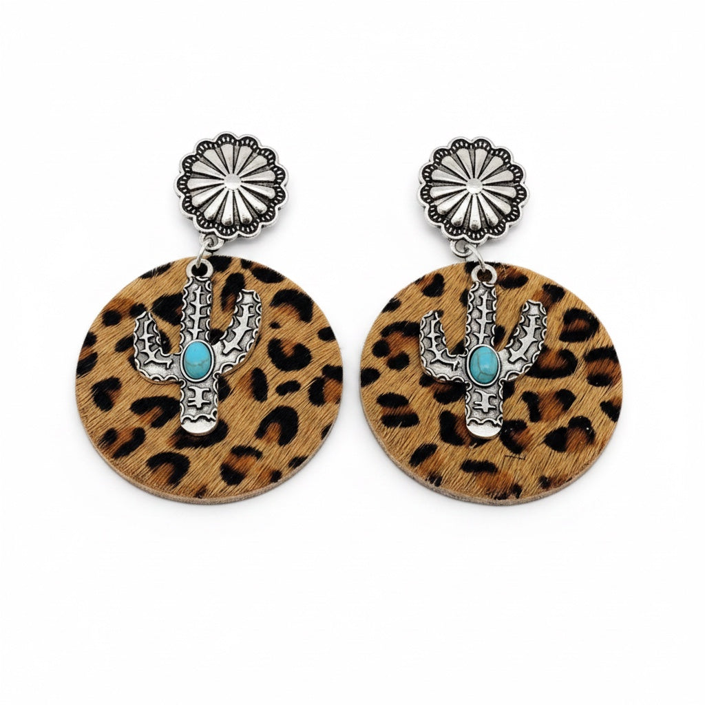 Western Style Cactus Animal Skin Double Charm Earrings - WJ: 2