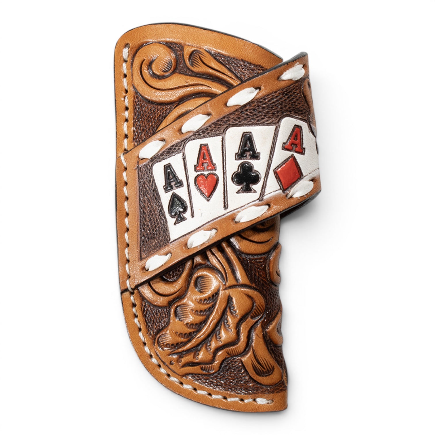 3D KNIFE SHEATH HAND TOOLED FLORAL DESIGN ACE CARDS TAN
