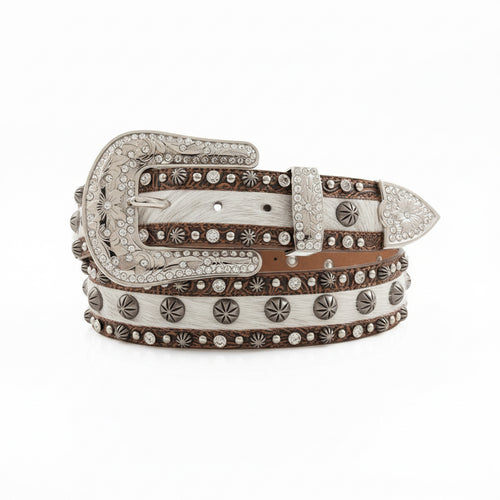 Brown floral embossed leather belt with hair-on inlay, antique silver studs, and clear crystals.
