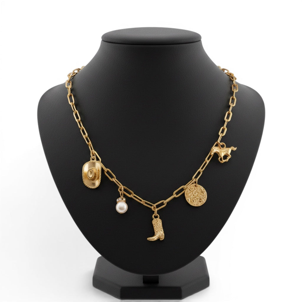 WESTERN BOOT STAR HAT HORSESHOE CHARM NECKLACE | 80N1187: Gold