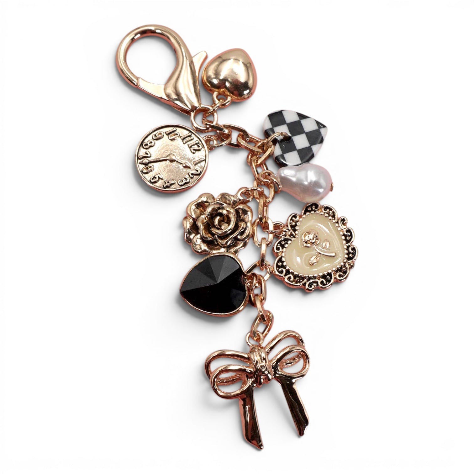 BOW CHECKER HEART FLOWER BAG CHARM | 80K049: Gold