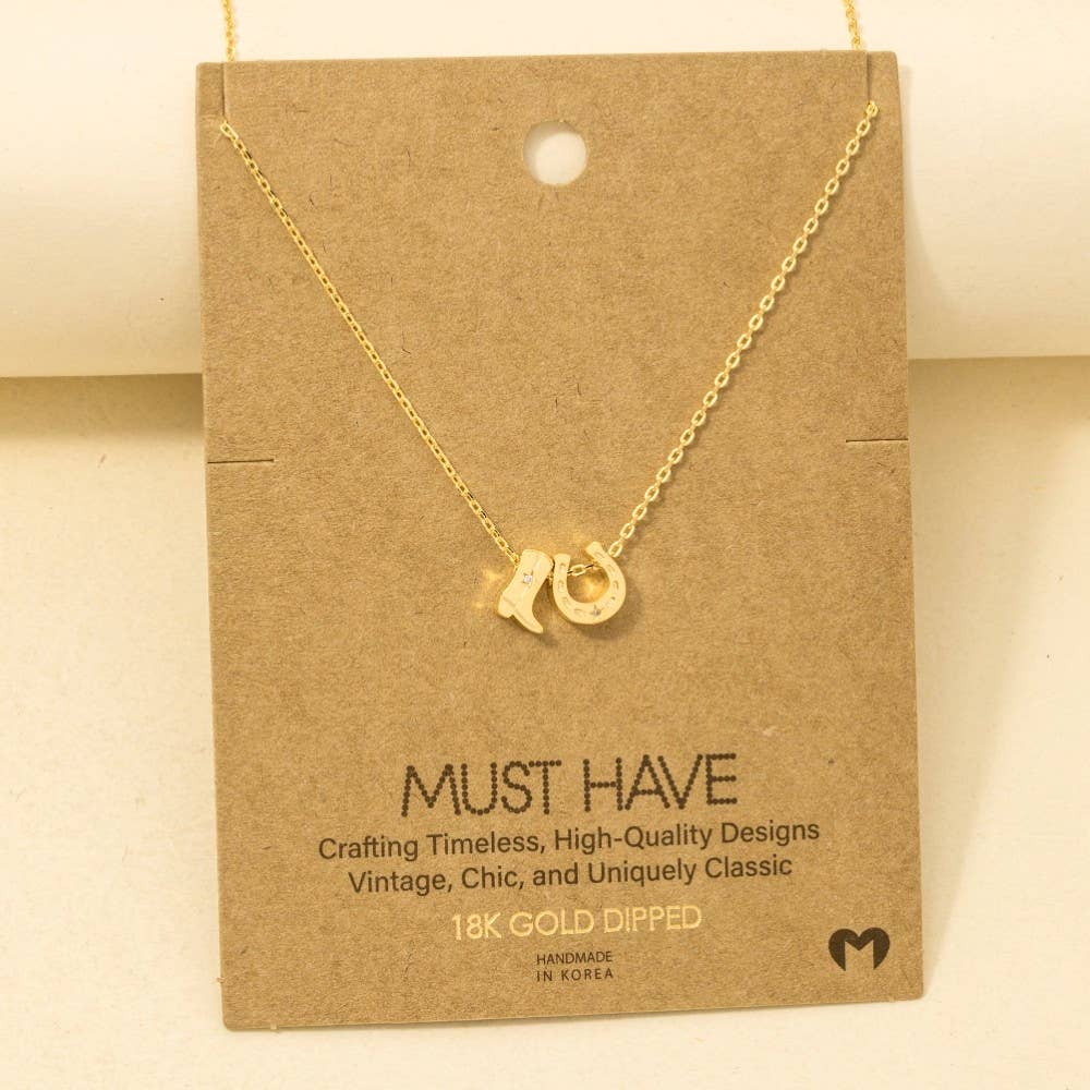 Gold Dipped Cowboy Boots Horse Shoe Charm Necklace: G