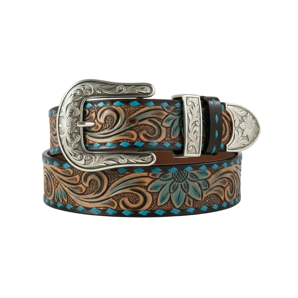 Brown hand-tooled leather belt with blue floral pattern, diamond lacing, and antique silver buckle.