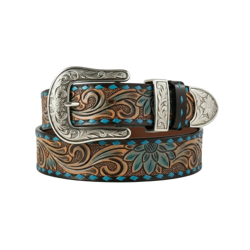 Brown hand-tooled leather belt with blue floral pattern, diamond lacing, and antique silver buckle.