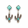 Turquoise Metal Cactus Pendant Western Style Post Earrings