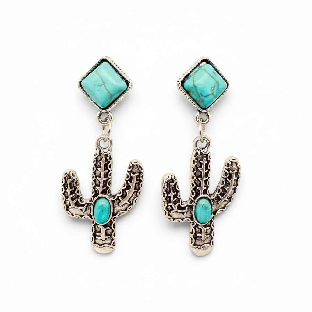 Turquoise Metal Cactus Pendant Western Style Post Earrings