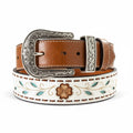 White Ariat ladies belt with filigree flowers, turquoise leaves, and an antique silver floral buckle.