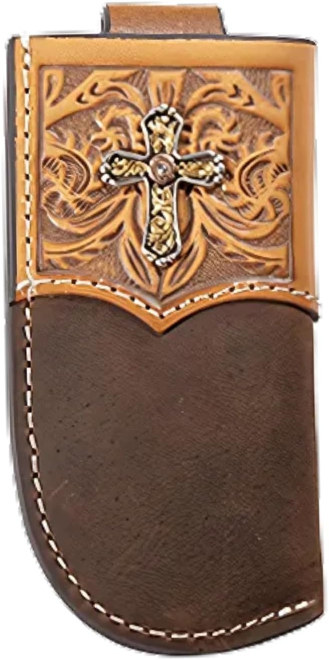 NOCONA KNIFE SHEATH SCROLLS CROSS CONCHO MEDIUM BROWN