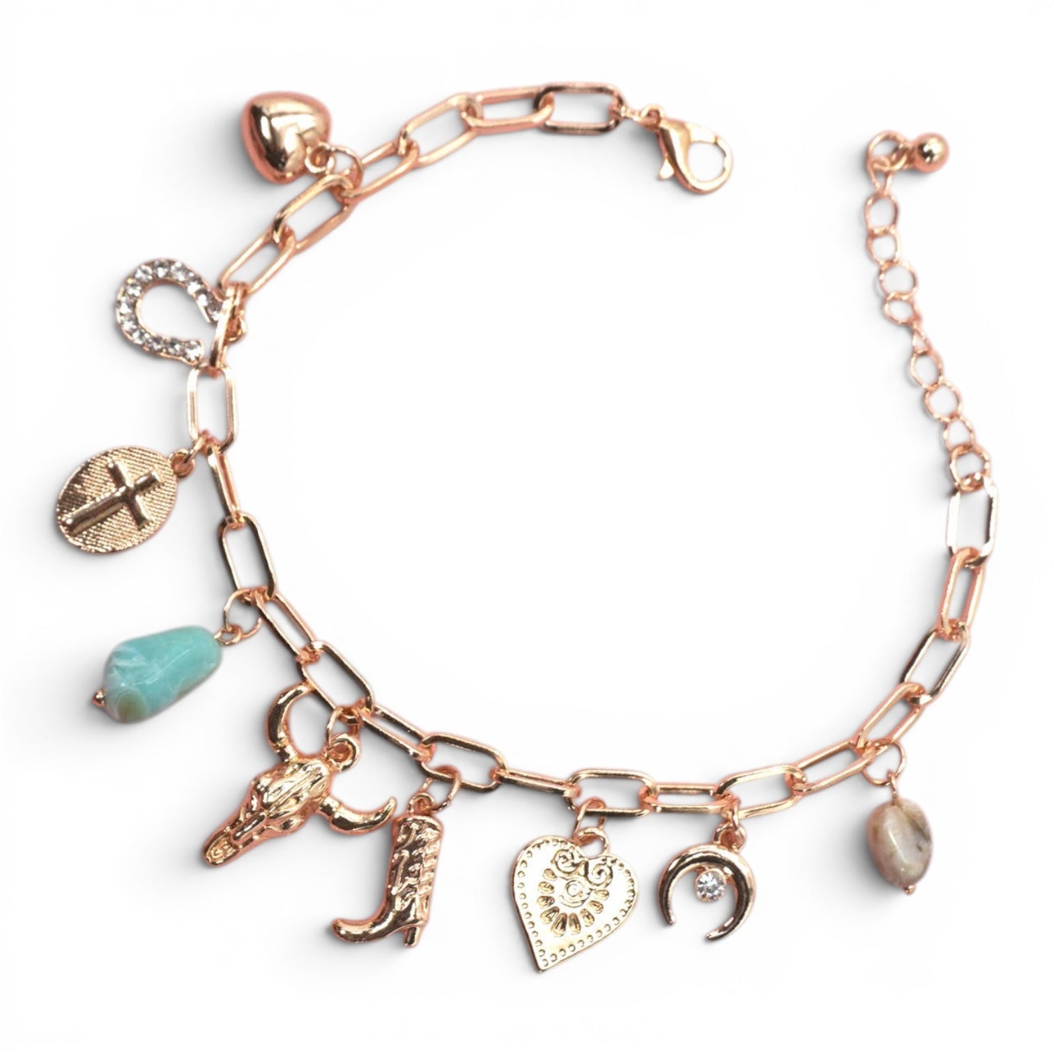CHARM BRACELET-WESTERN BOOT BULLHEAD STONE | 80B1291: Gold