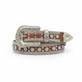 Brown croc print leather belt with silver tone buckle, clear crystals, and flower conchos.