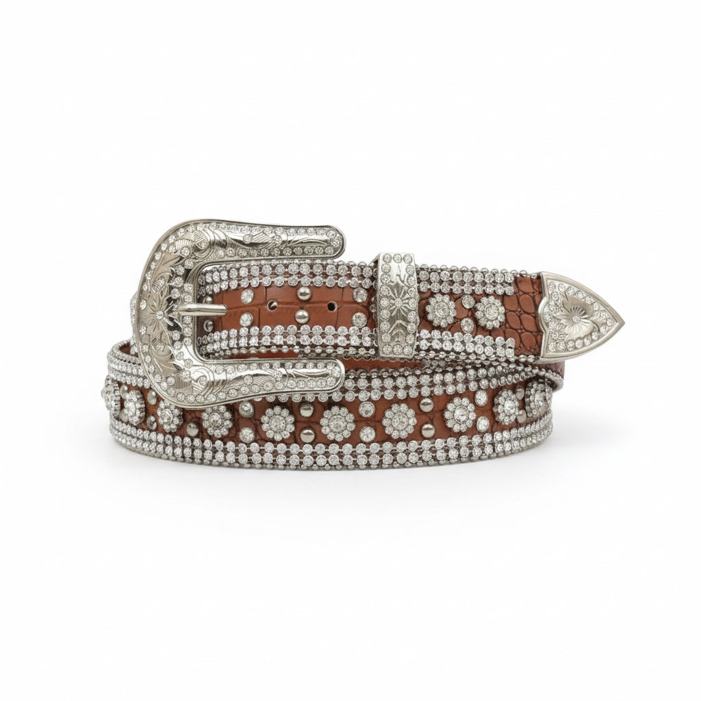 Brown croc print leather belt with silver tone buckle, clear crystals, and flower conchos.