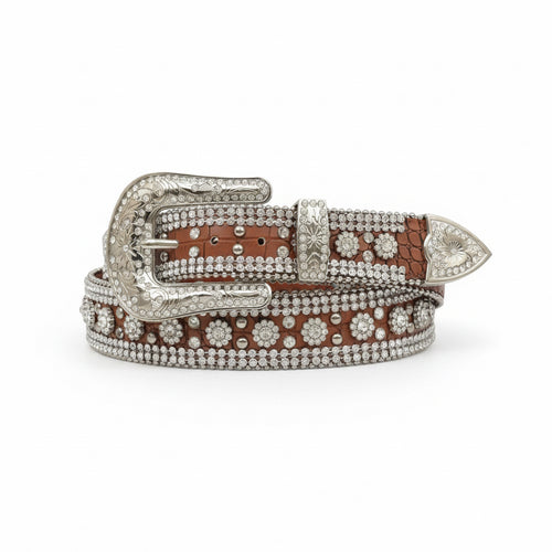 Brown croc print leather belt with silver tone buckle, clear crystals, and flower conchos.