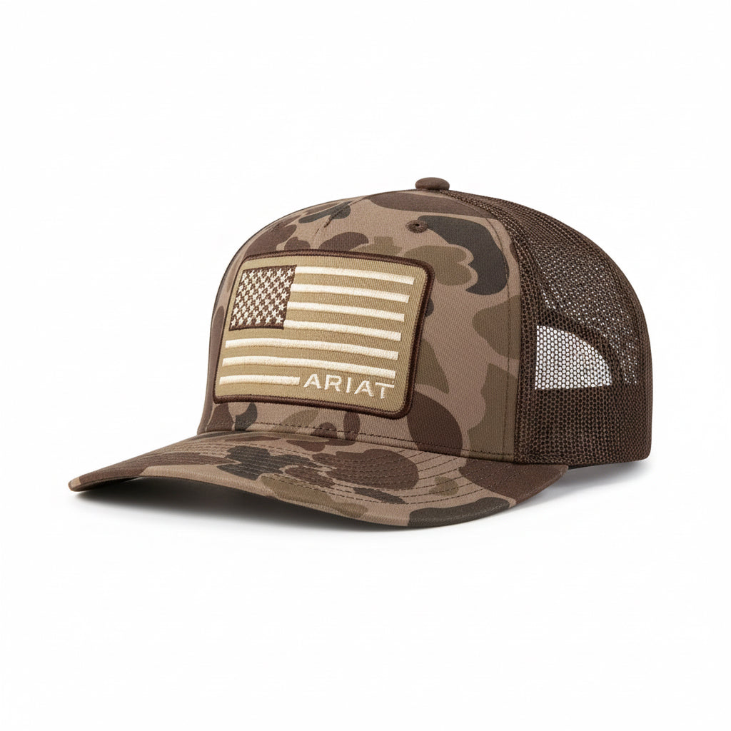 ARIAT MENS CAP R112 SNAPBACK CAMO AMERICAN FLAG BROWN