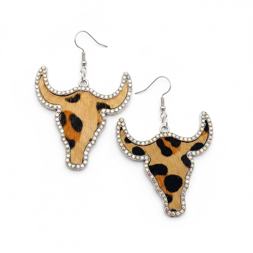 Western Style Cowboy Rhinestone Cowhide Cowhead Earrings -WJ: 2