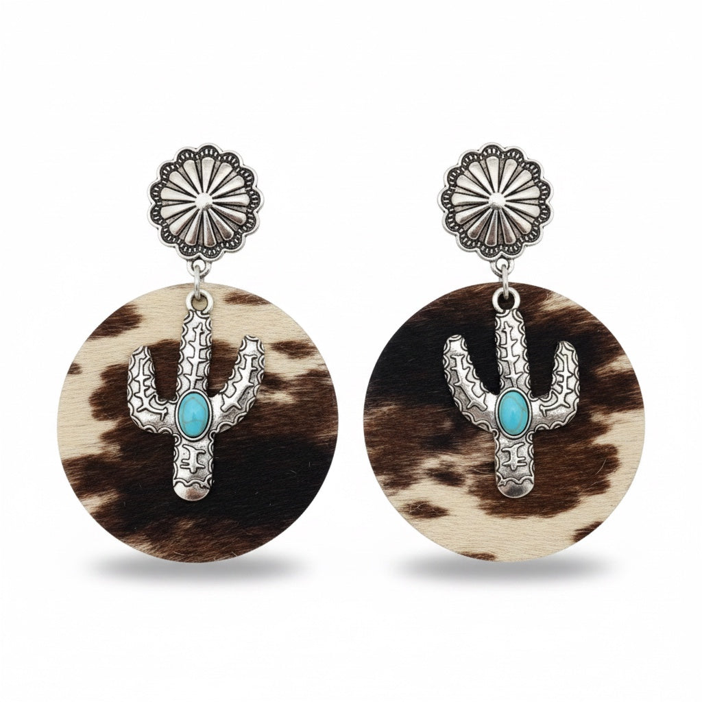 Western Style Cactus Animal Skin Double Charm Earrings - WJ: 4