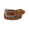 Ariat Ladies Tan Leather Belt with Calf Hair, Tooled Red Flowers, Turquoise Stones, and Silver Buckle.