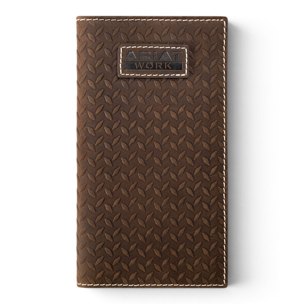ARIAT WORK MENS RODEO STYLE WALLET DIAMOND PLATE EMBOSSED MEDIUM BROWN