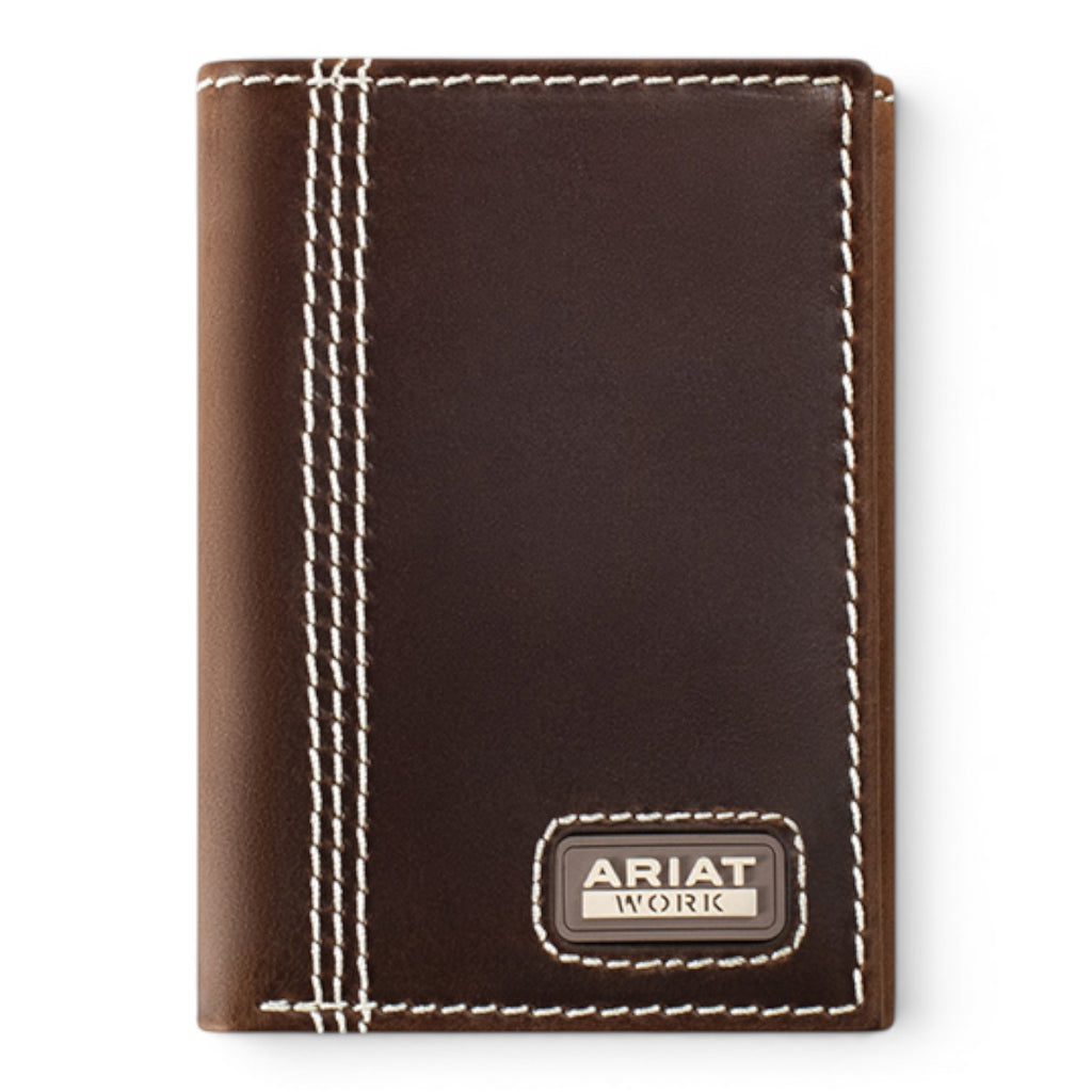 ARIAT WORK MENS TRIFOLD STYLE WALLET TRIPLE STITCH SIDE BROWN