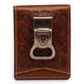 ARIAT BIFOLD MONEY CLIP BASKET WEAVE FLORAL EMBOSSED TAN