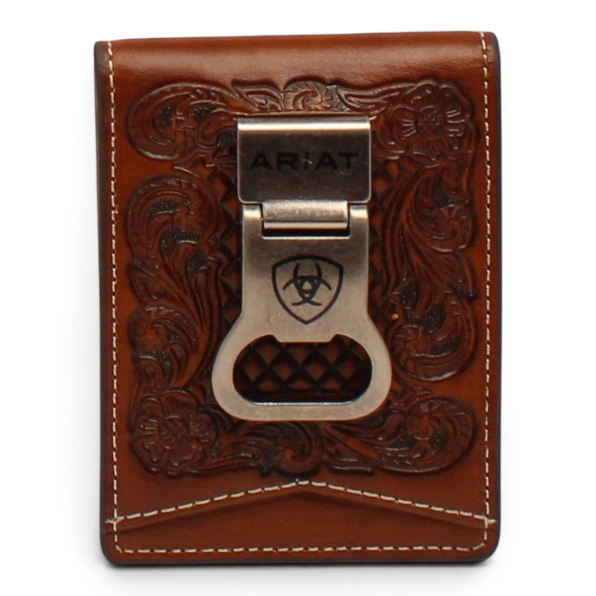 ARIAT BIFOLD MONEY CLIP BASKET WEAVE FLORAL EMBOSSED TAN