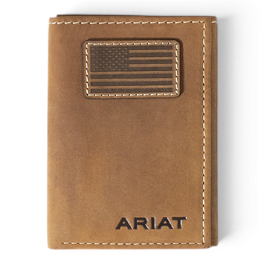 ARIAT MENS TRIFOLD WALLET FLAG PATCH LOGO MEDIUM BROWN