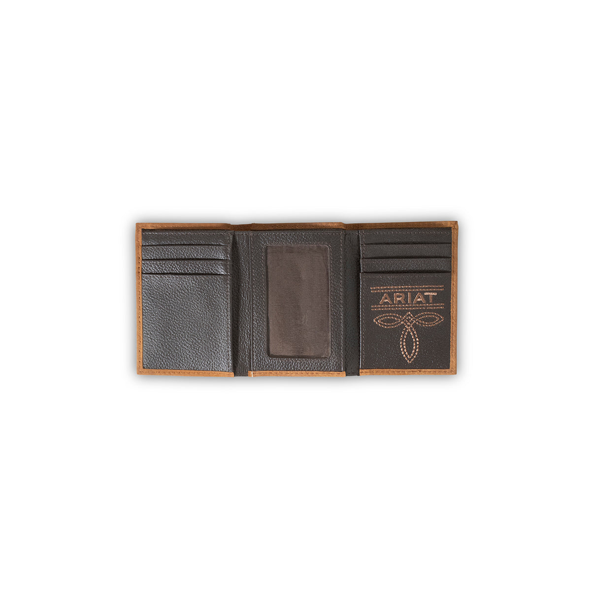 ARIAT MENS TRIFOLD WALLET FLAG PATCH LOGO MEDIUM BROWN