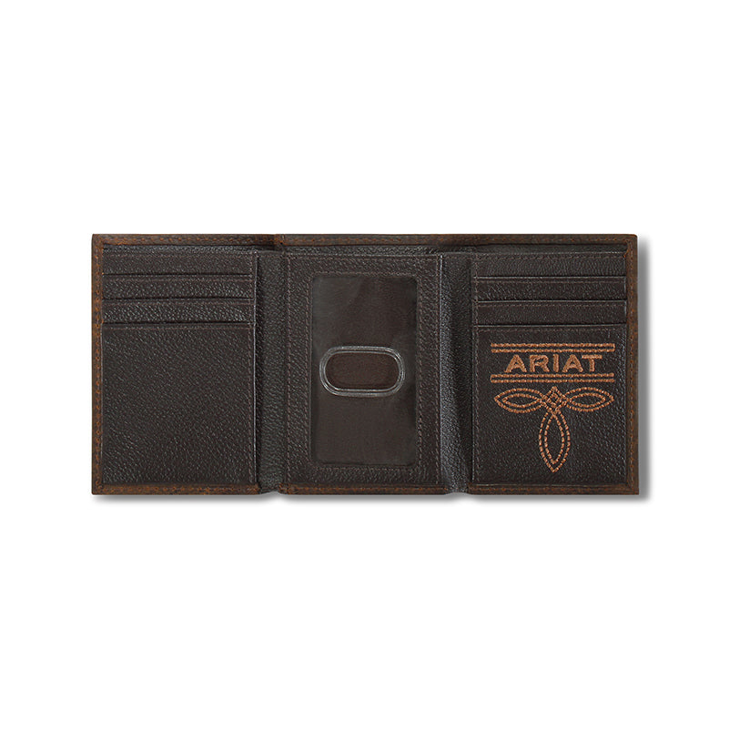 ARIAT MENS TRIFOLD WALLET LOGO MEXICO BROWN ROWDY