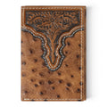 ARIAT TRIFOLD WALLET OSTRICH FLORAL EMBOSSED BROWN