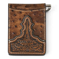 ARIAT BIFOLD WALLET MONEY CLIP OSTRICH FLORAL EMBOSSED BROWN