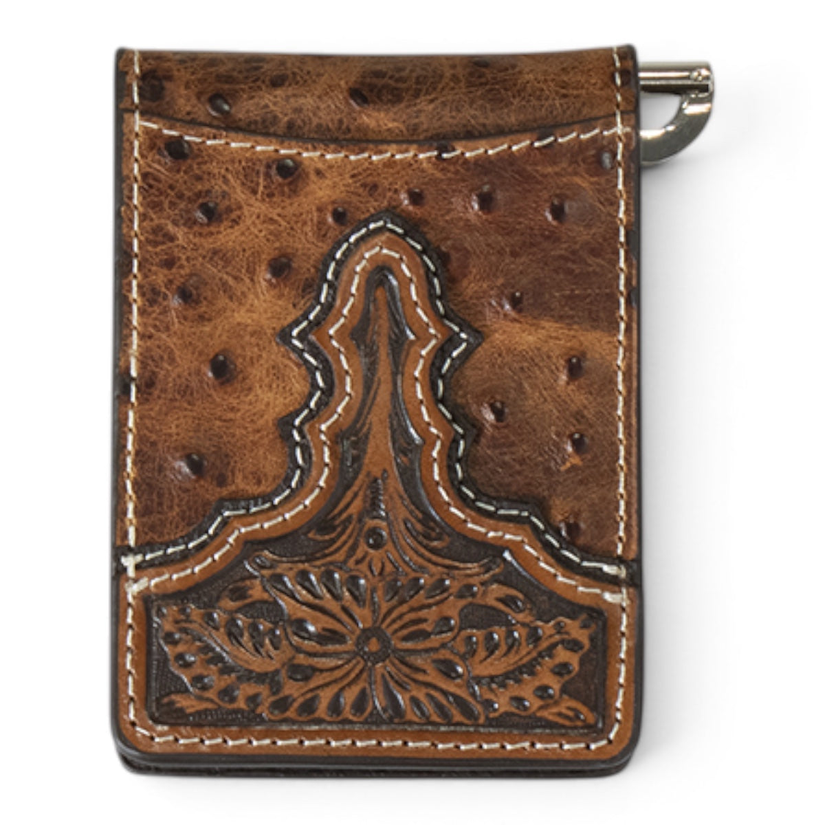 ARIAT BIFOLD WALLET MONEY CLIP OSTRICH FLORAL EMBOSSED BROWN