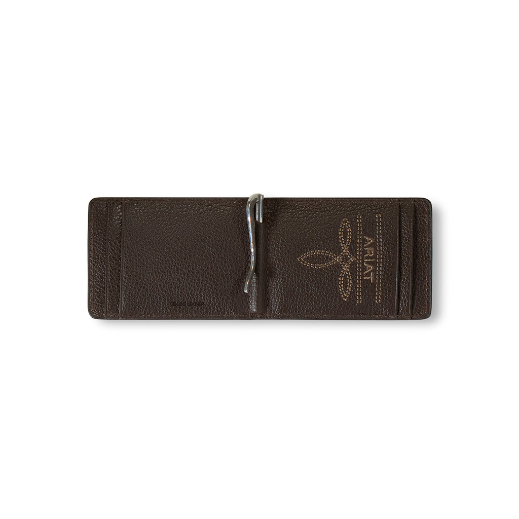 ARIAT BIFOLD WALLET MONEY CLIP OSTRICH FLORAL EMBOSSED BROWN