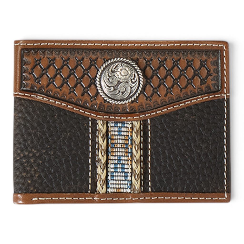 ARIAT MENS BIFOLD WALLET CONCHO BEADED INLAY DARK BROWN
