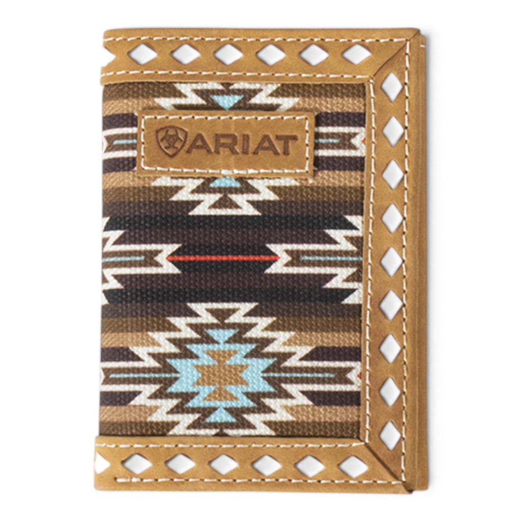 ARIAT MENS TRIFOLD STYLE WALLET SOUTHWESTERN DIAMOND LACING BROWN