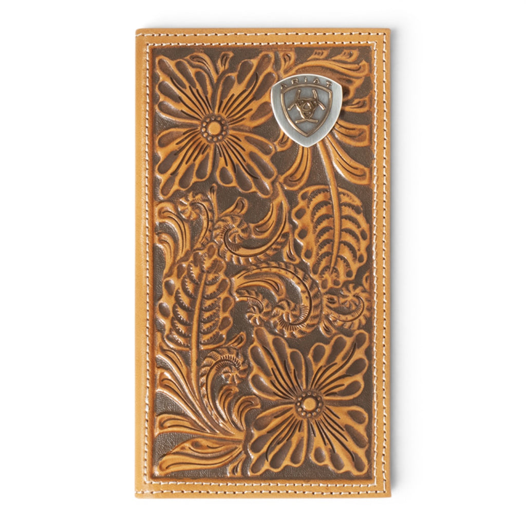 ARIAT MENS RODEO STYLE WALLET FLORAL EMBOSSING LOGO NATURAL
