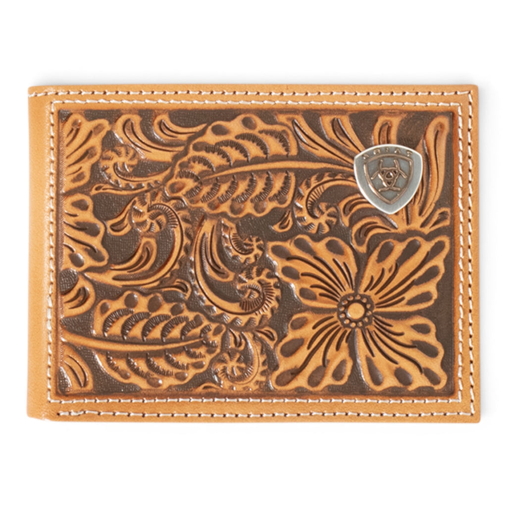 ARIAT MENS BIFOLD STYLE WALLET FLORAL EMBOSSED LOGO NATURALA3559848