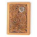 ARIAT MENS TRIFOLD STYLE WALLET FLORAL EMBOSSING LOGO NATURAL