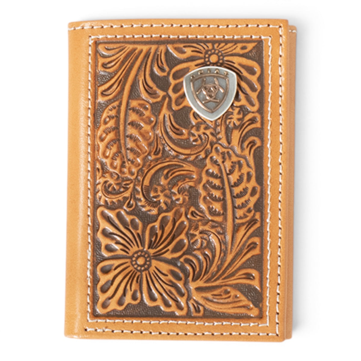 ARIAT MENS TRIFOLD STYLE WALLET FLORAL EMBOSSING LOGO NATURAL