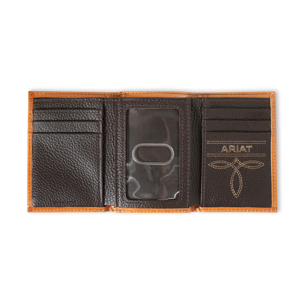 ARIAT MENS TRIFOLD STYLE WALLET FLORAL EMBOSSING LOGO NATURAL