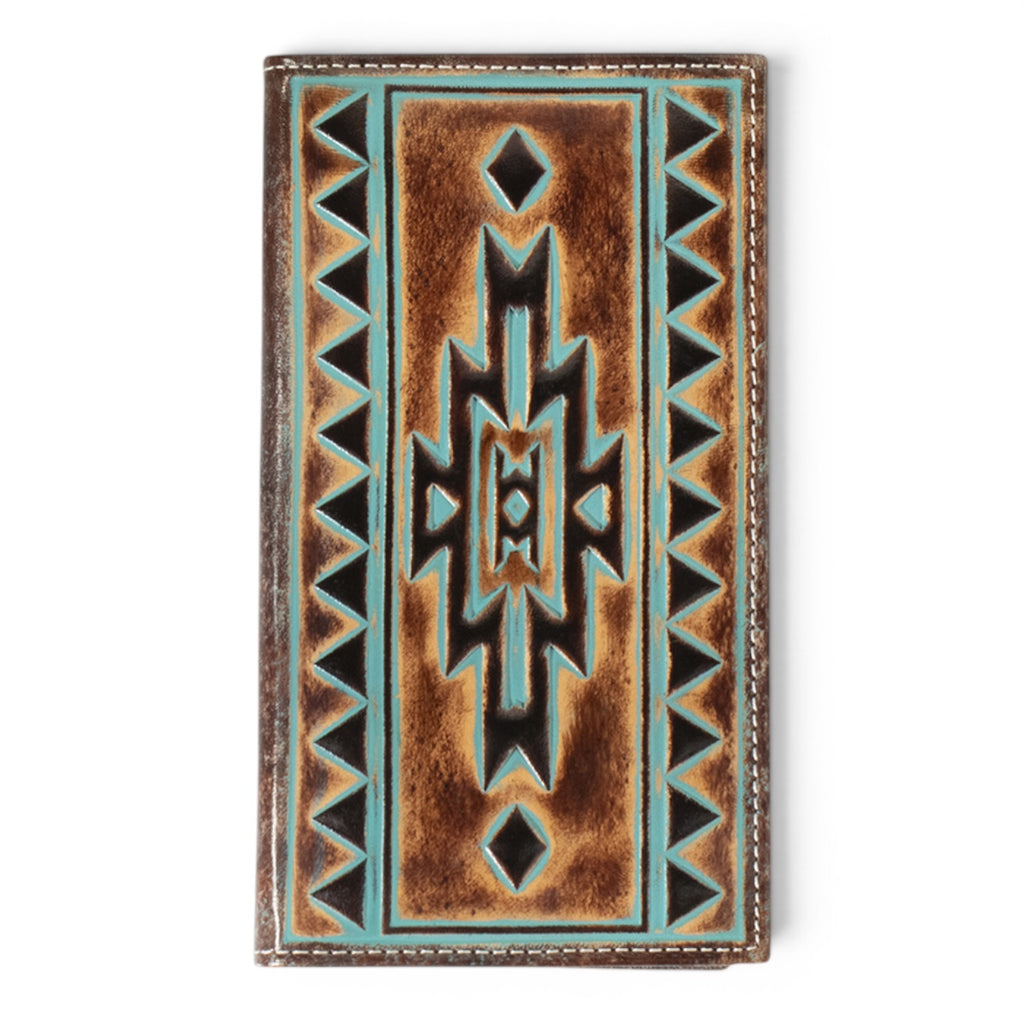 ARIAT MENS RODEO FLIP STYLE WALLET TURQUOISE OUTLINE SOUTHWESTERN BROWN