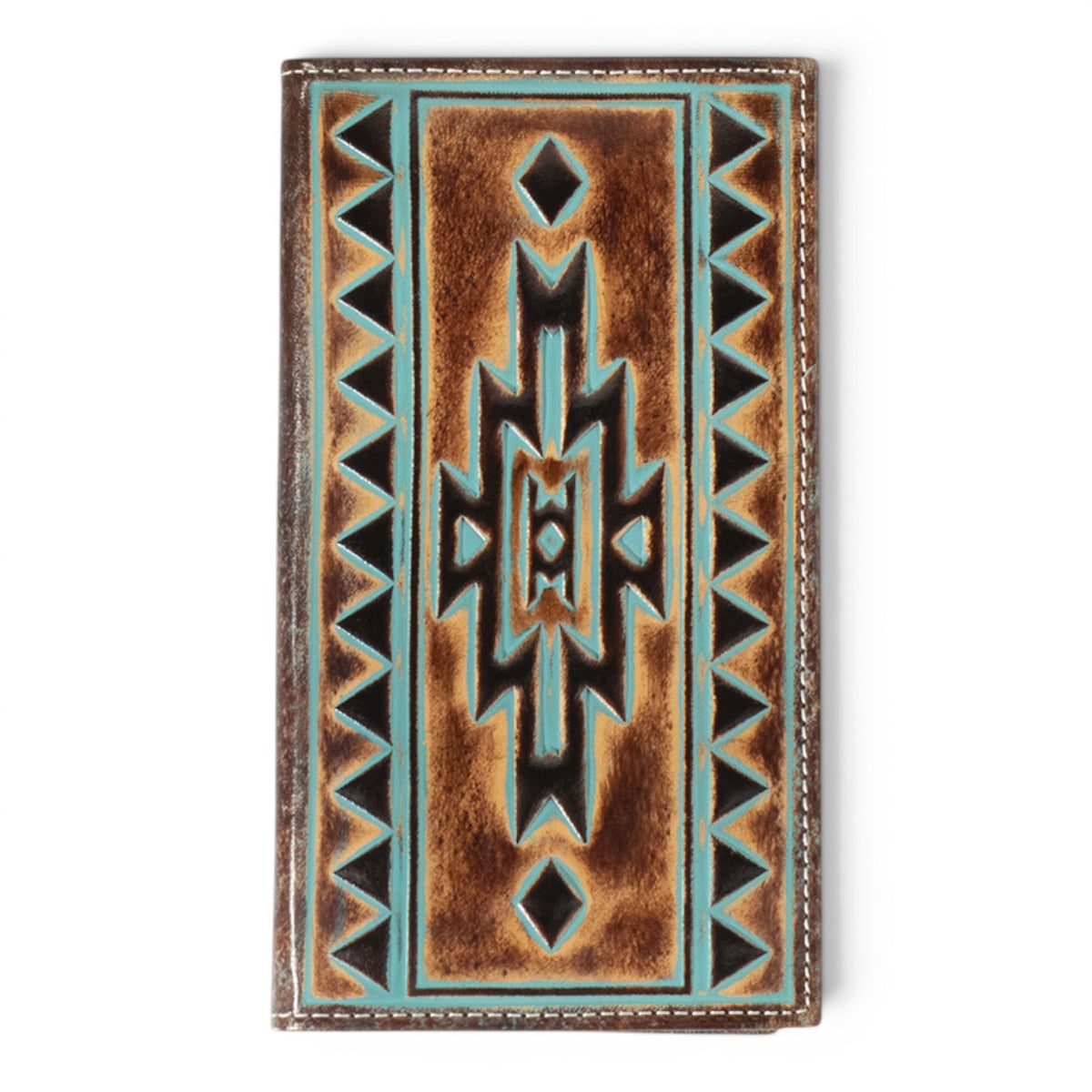 ARIAT MENS RODEO FLIP STYLE WALLET TURQUOISE OUTLINE SOUTHWESTERN BROWN