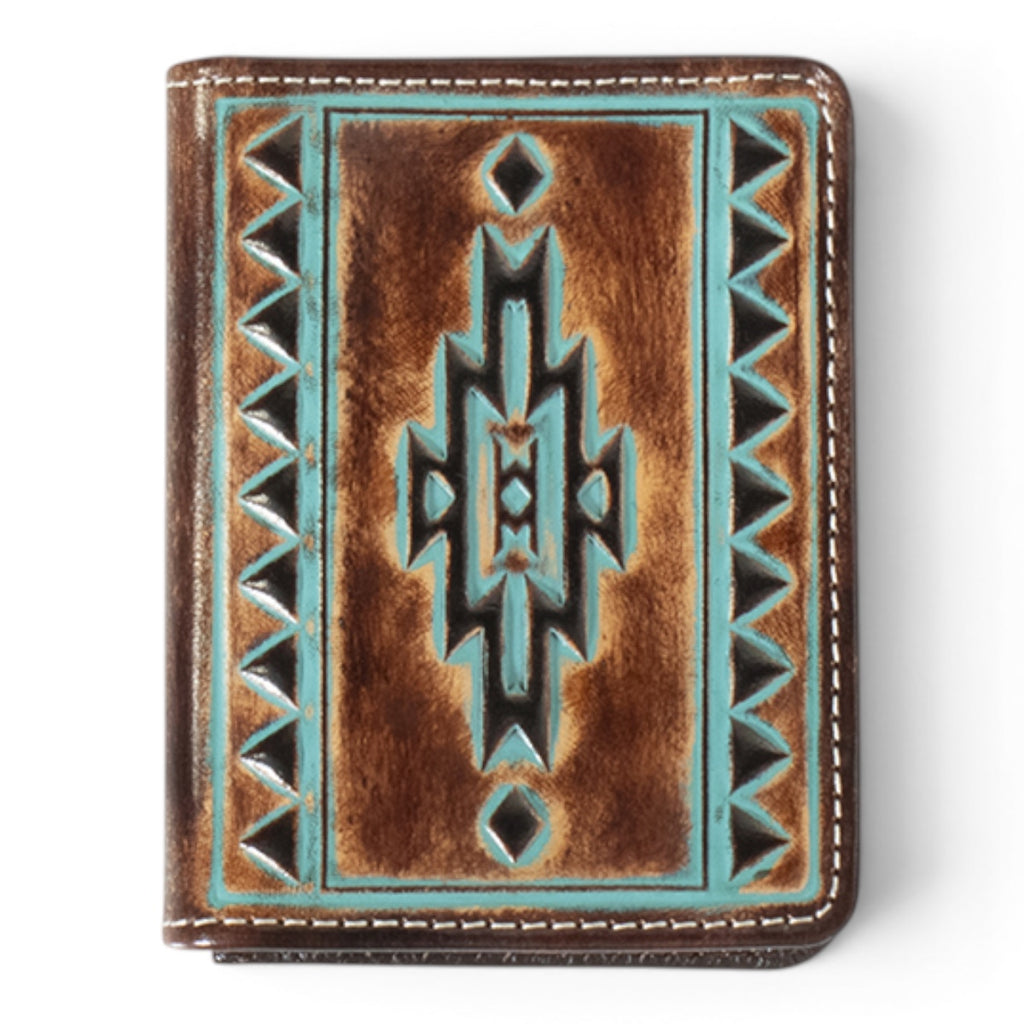 ARIAT MENS BIFOLD FLIP STYLE WALLET TURQUOISE OUTLINE SOUTHWESTERN BROWN