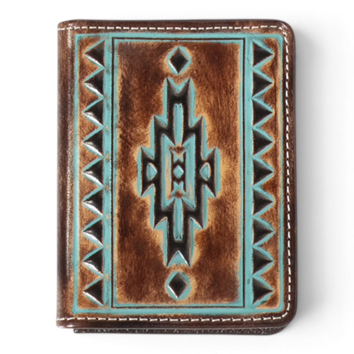 ARIAT MENS BIFOLD FLIP STYLE WALLET TURQUOISE OUTLINE SOUTHWESTERN BROWN