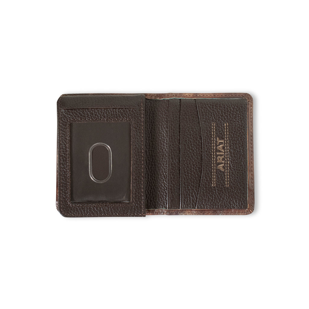 ARIAT MENS BIFOLD FLIP STYLE WALLET TURQUOISE OUTLINE SOUTHWESTERN BROWN