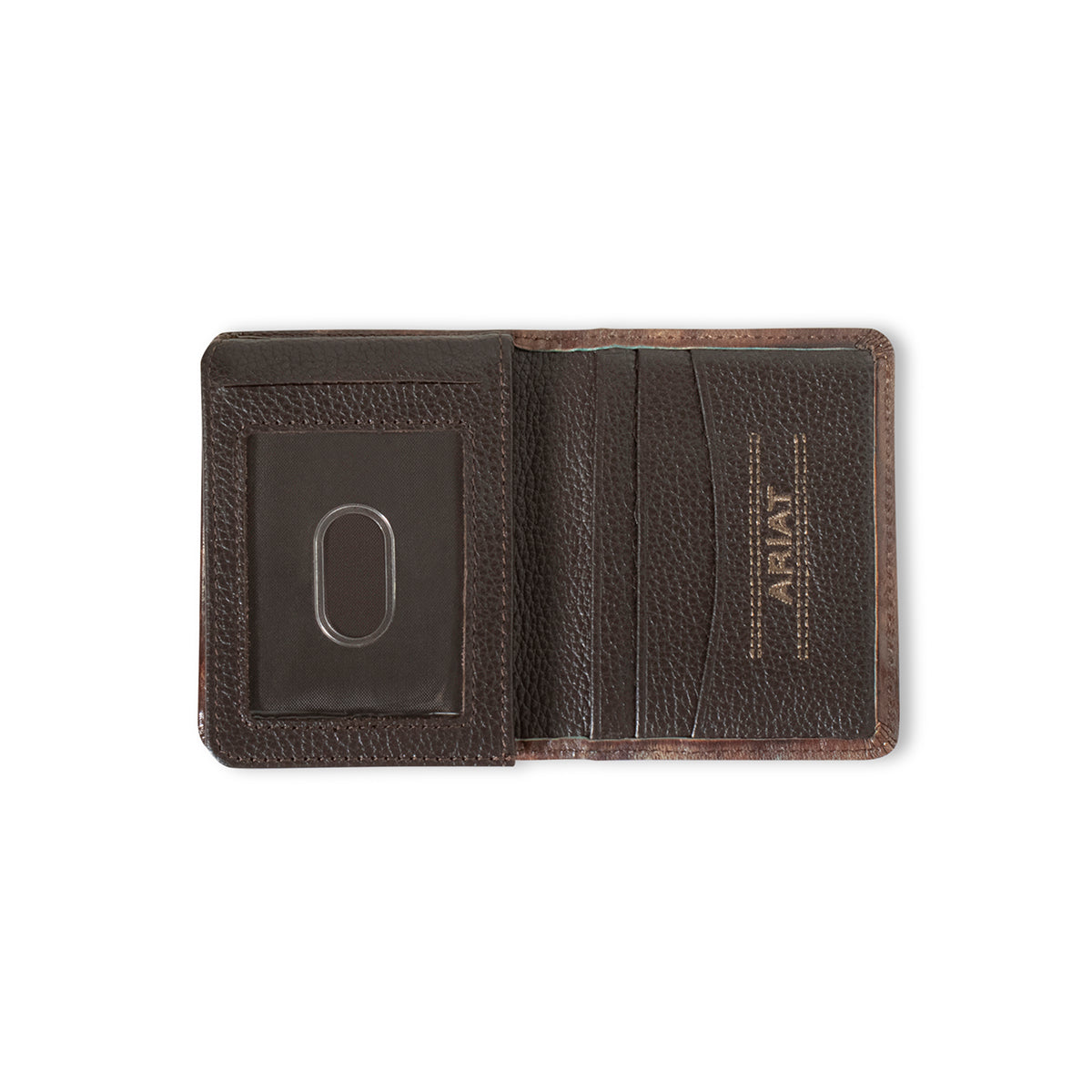 ARIAT MENS BIFOLD FLIP STYLE WALLET TURQUOISE OUTLINE SOUTHWESTERN BROWN