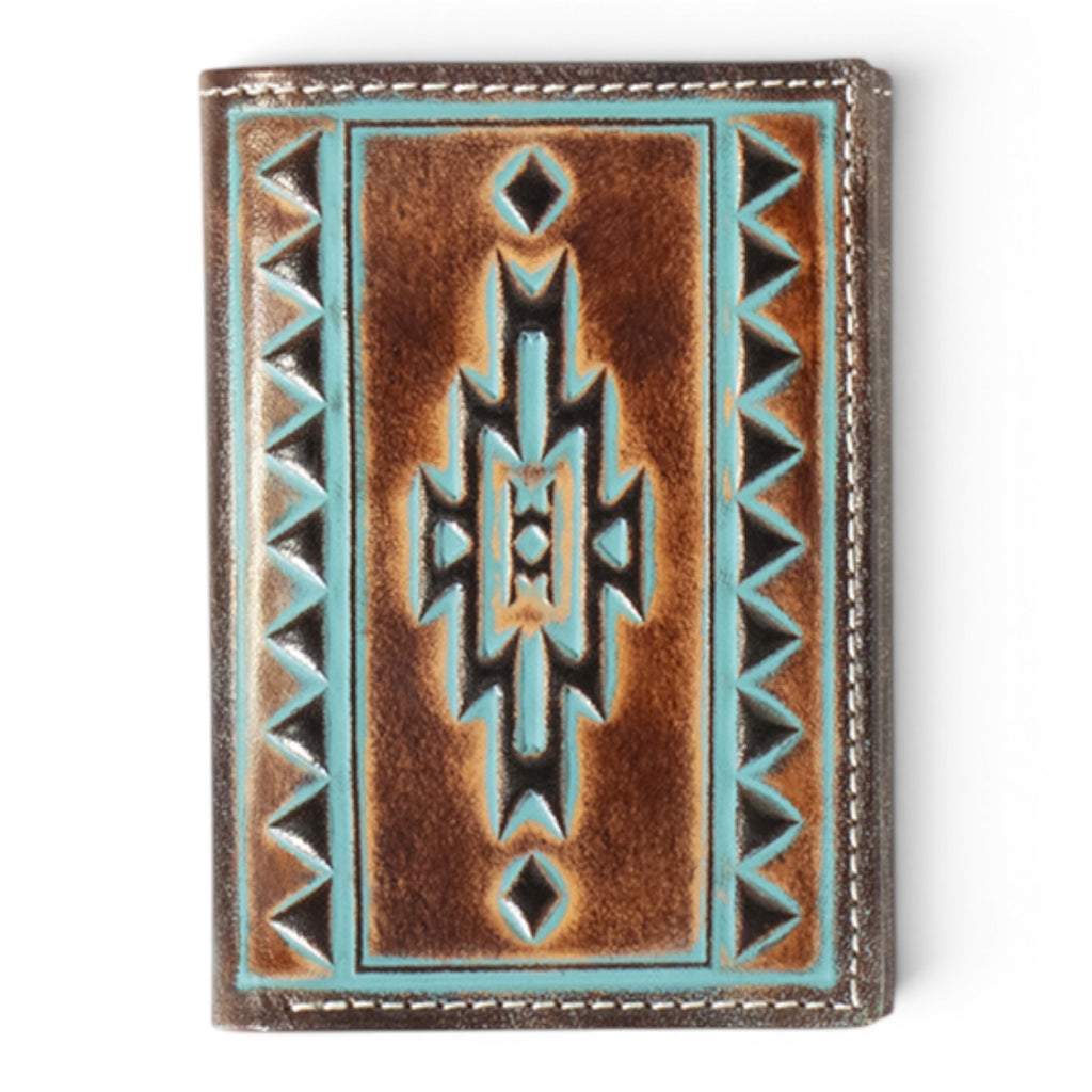 ARIAT MENS TRIFOLD STYLE WALLET TURQUOISE OUTLINE SOUTHWESTERN BROWN
