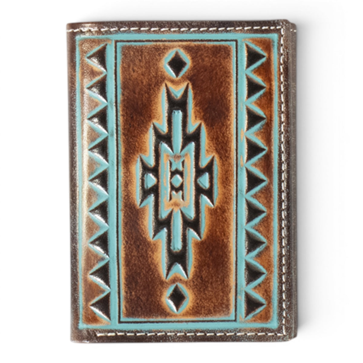 ARIAT MENS TRIFOLD STYLE WALLET TURQUOISE OUTLINE SOUTHWESTERN BROWN